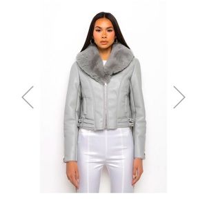 Azalea Wang Bonded Fabric Grey Gray Moto Jacket Plush Fur Collar NWT